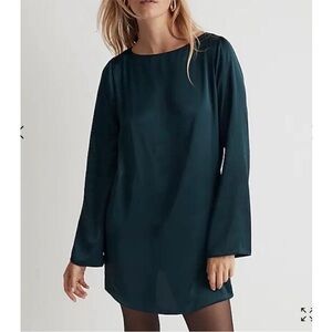 Madewell Satin Shift Mini Dress in Smoky Spruce Green L Large Longsleeve